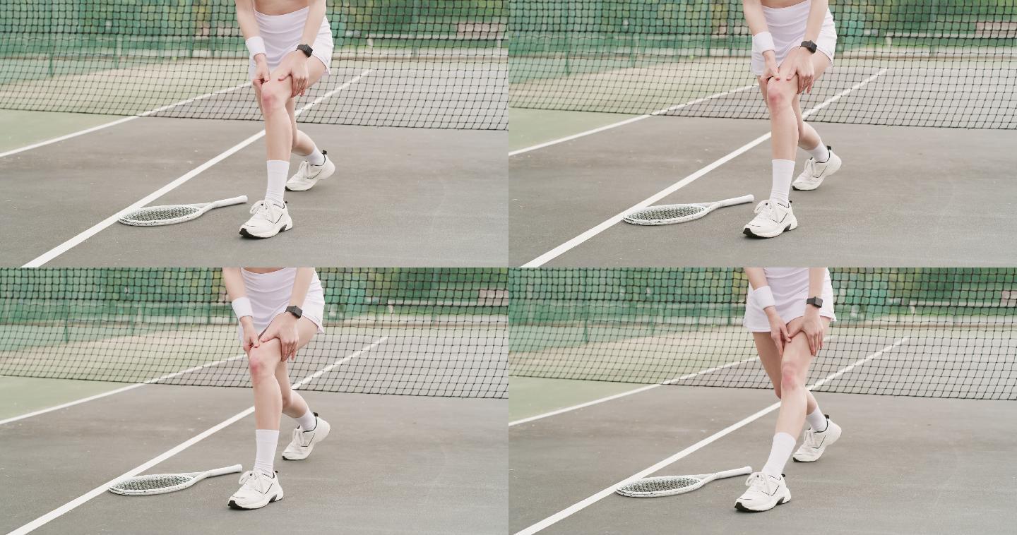 4k视频画面，一位面目全非的女子在打网球时伸腿