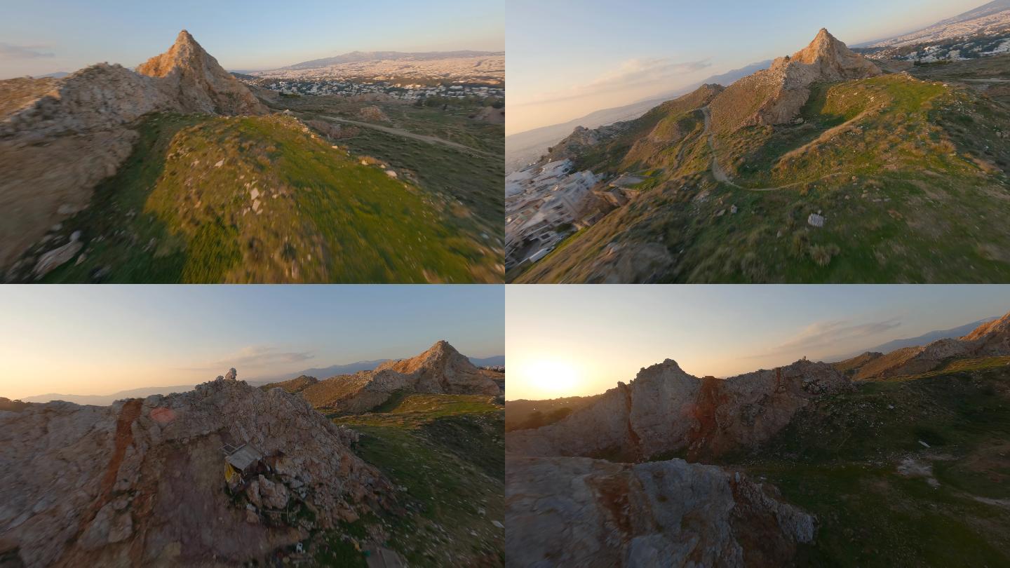 日落时分，黄昏时分，雅典北部被遗弃的普赛奇科采石场的4K快速航空FPV镜头-普赛奇科、查兰德里、马鲁