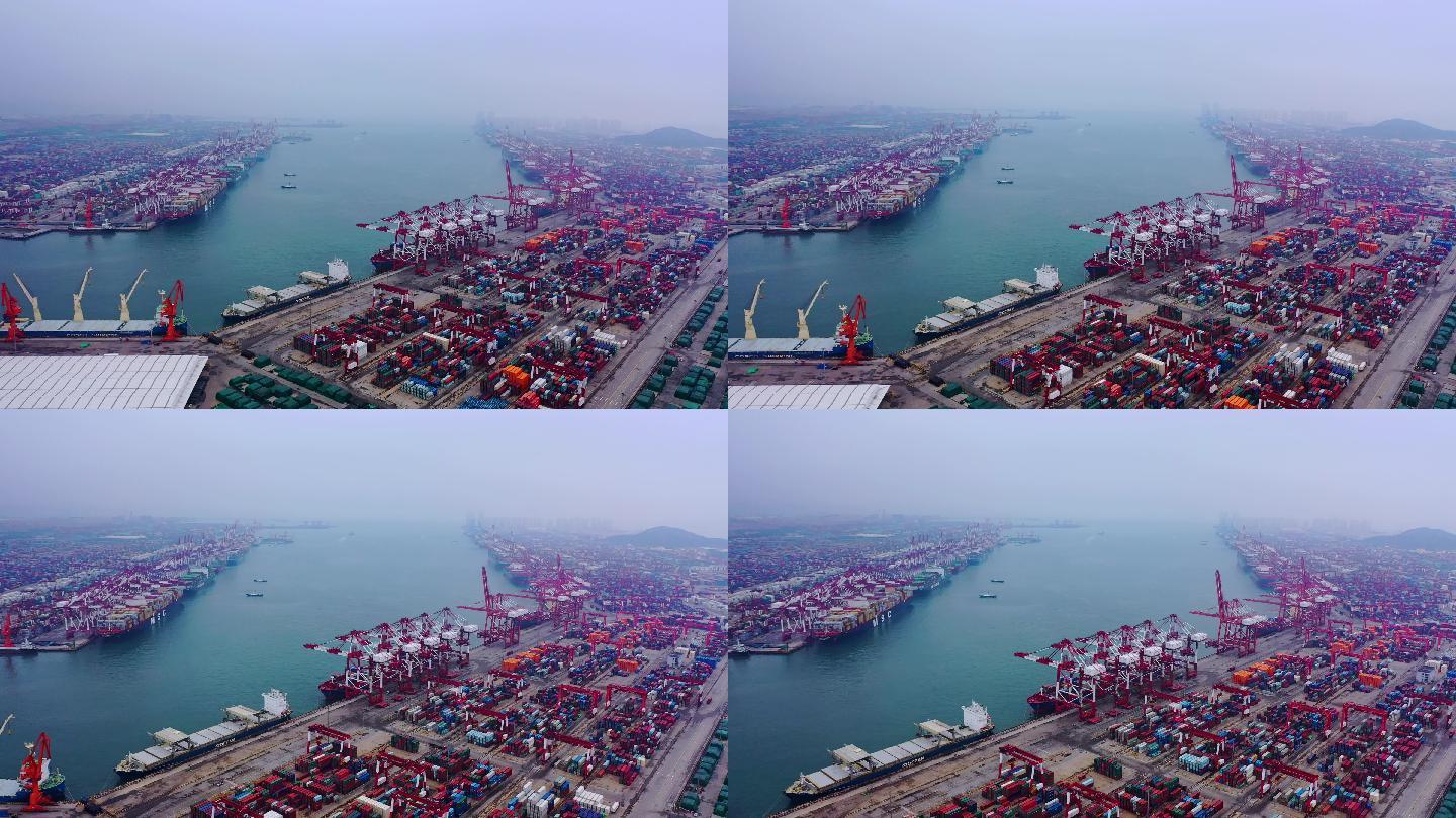 中国连云港集装箱码头繁忙景象