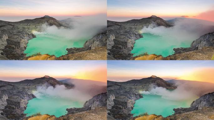 Kawah Ijen Java Indonesia timelapse锁定镜头显示晨曦结束