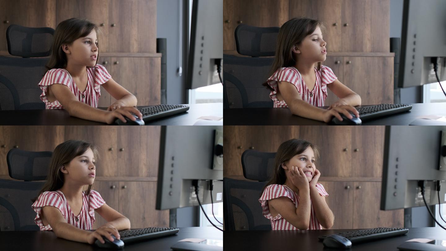 小女孩使用电脑，接触到她不允许接触的内容。