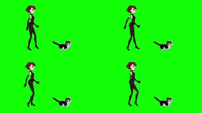 快乐女人带猫行走卡通动画，绿色背景色度键