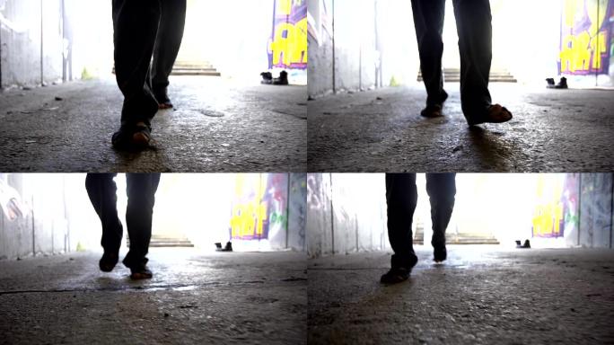HD SUPER SLOW-MO：无家可归的人穿着破袜子走路