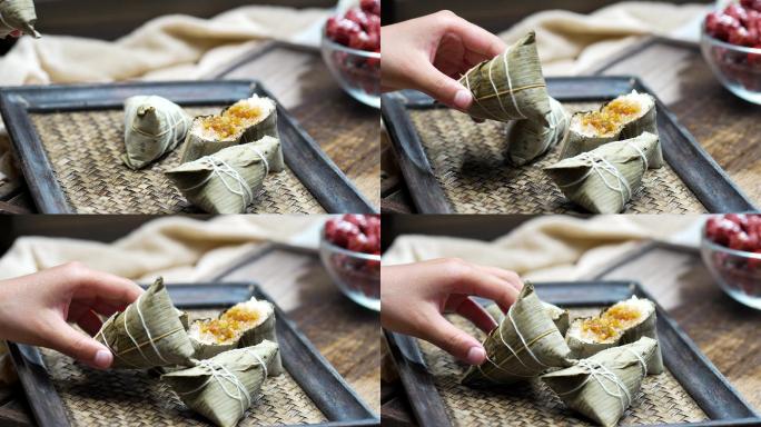 4K端午节制作成熟的粽子美食静物