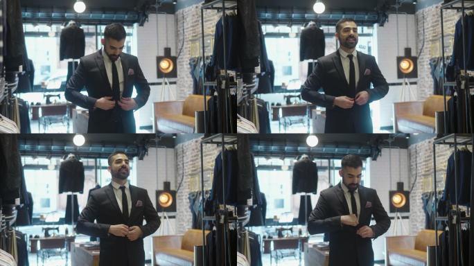 一名拉丁美洲男子在男装店试穿一套新西装