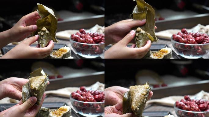 4K端午节制作成熟的粽子剥开粽子叶