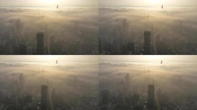 5K原素材-航拍清晨云雾中的上海城市全景