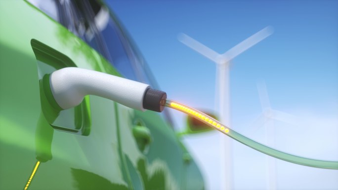 新能源电动汽车充电和蓝天下风力发电场