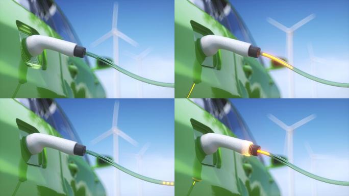 新能源电动汽车充电和蓝天下风力发电场