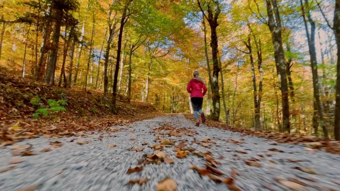 TS女跑步者在森林小道上快速奔跑