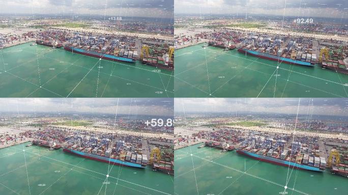 具有未来网络连接的货运港鸟瞰图、起重机和集装箱船