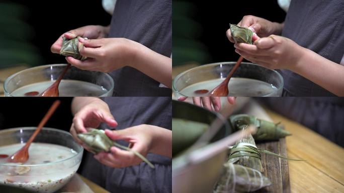 升格端午节手工包制粽子的儿童手部特写