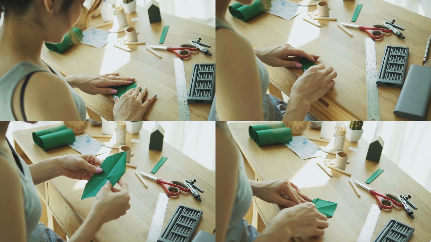 亚洲女性diy工作流程折纸纸工艺diy产品小企业理念