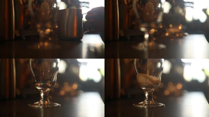 往玻璃杯里倒牛奶倒饮料倒奶茶的特写镜头