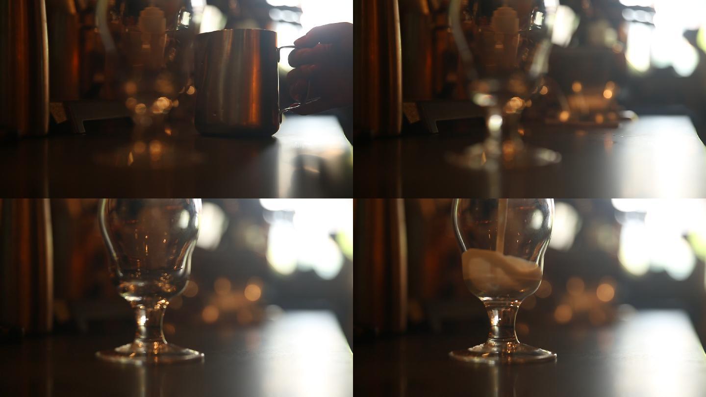 往玻璃杯里倒牛奶倒饮料倒奶茶的特写镜头
