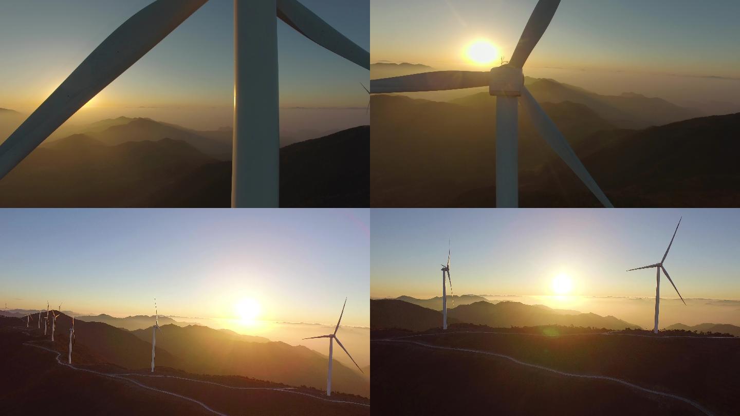 4K航拍日出风电场风力发电机