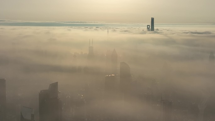 4K原素材-航拍清晨云雾中的上海城市全景