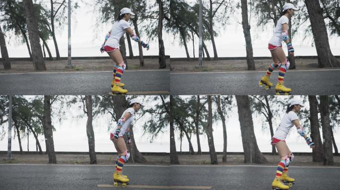 积极的生活方式，亚洲女子直列溜冰或轮滑。