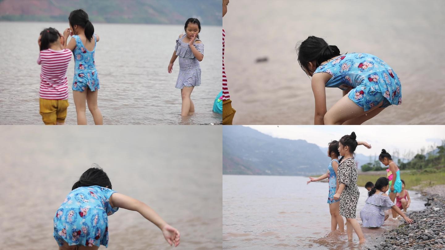 小朋友江边玩水 扔石头童年小女孩A022