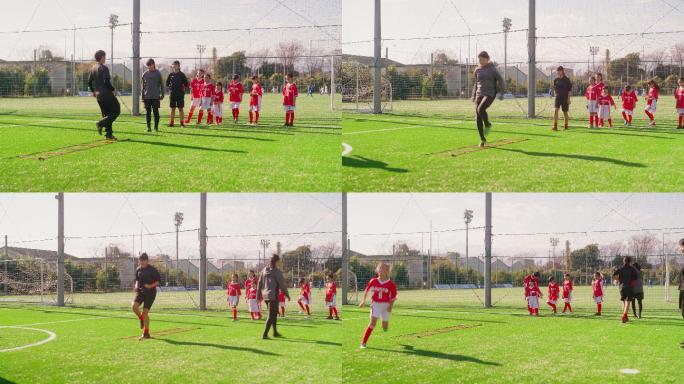 教练向女性儿童足球或足球队成员展示如何在足球场上进行敏捷和速度跑训练