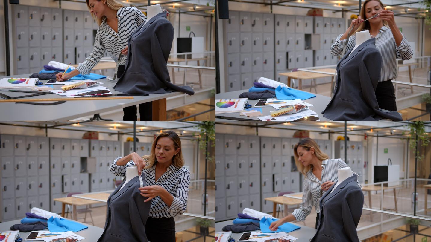 一位年轻美丽的女时装设计师在车间里为人体模型上的夹克进行测量