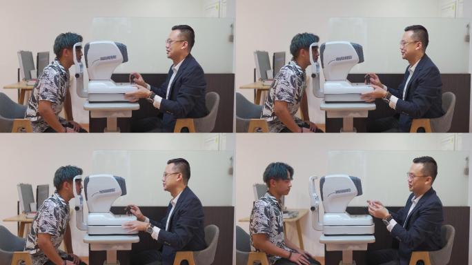 中国亚裔少年在眼科医生办公室验光
