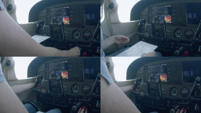 在一架小型单引擎飞机上，年轻的成年女飞行员打开油门，打开燃油泵，将混合气控制设置为全浓，为发动机充油