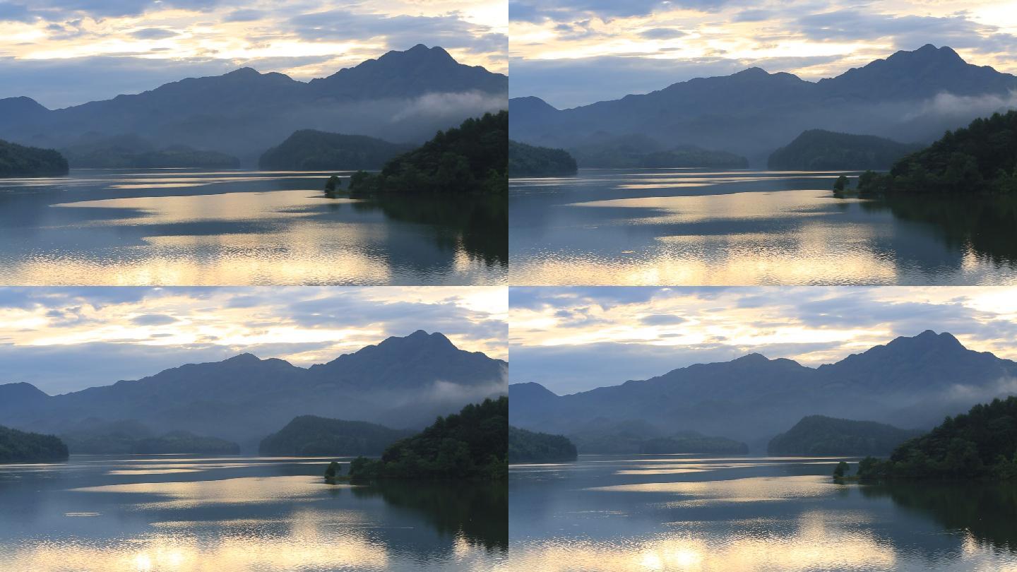 浙江山水早晨云雾水面湖面倒影蓝色东白湖