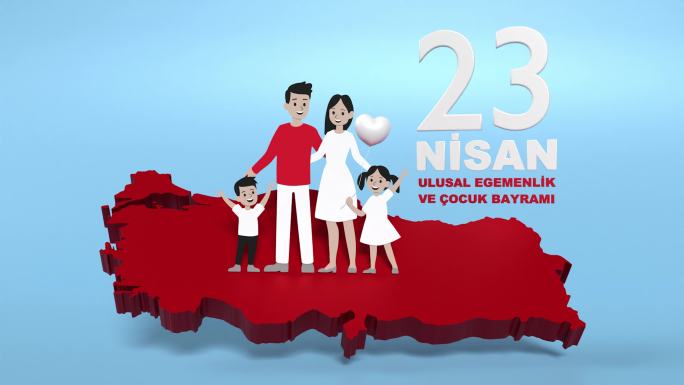 4月23日国际儿童节贺卡，土耳其4k分辨率地图上的一家人