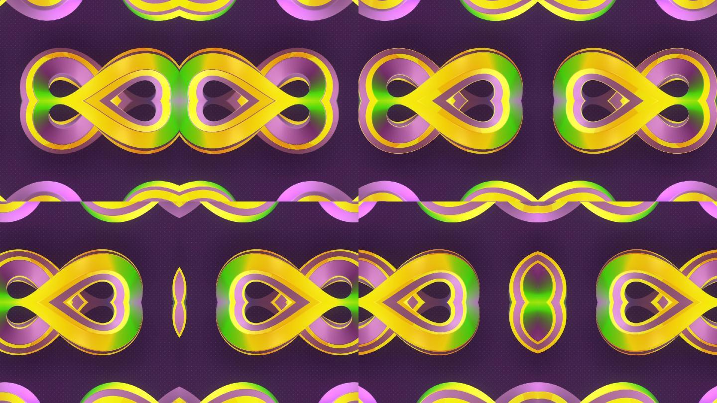 一组霓虹色旋转曲线数学图形的迷幻图案。3d渲染背景。数字无缝循环动画HD