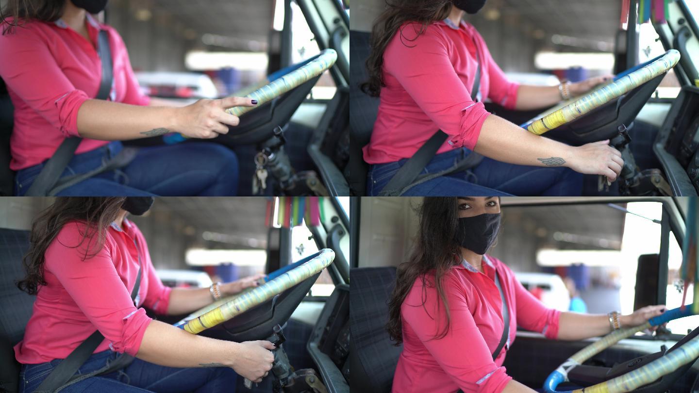 一名女性卡车司机使用面罩的肖像