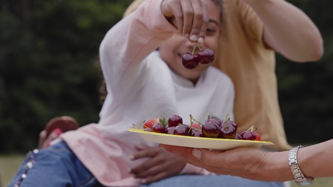一家人在公园野餐时吃樱桃