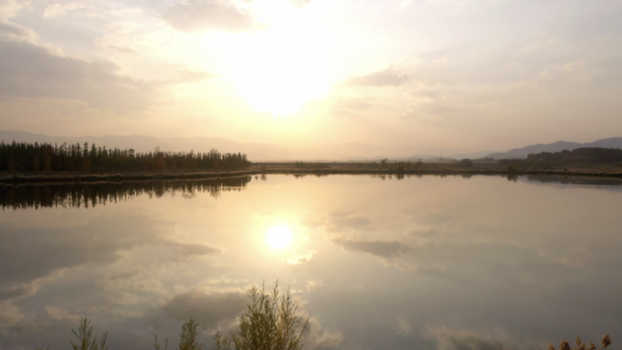 航拍夕阳 自然生态 湖