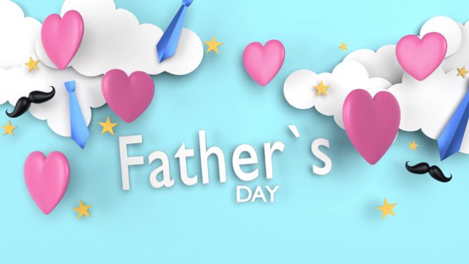 “父亲节快乐”贺卡横幅或传单，配Flying Hearts领带和胡子环，分辨率为4K