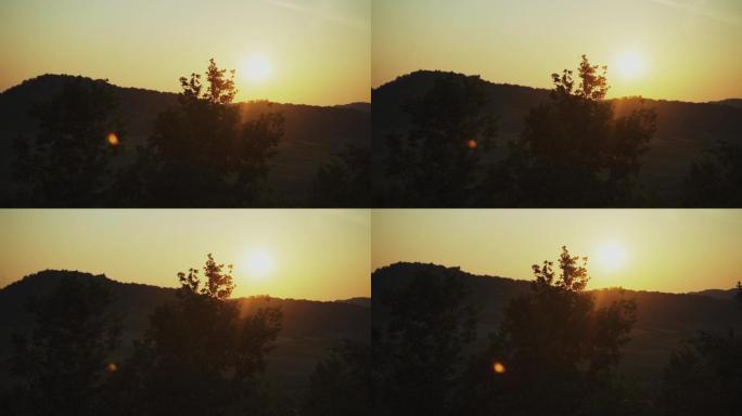 日落时的山景，明亮的天空聚焦于树木的前景