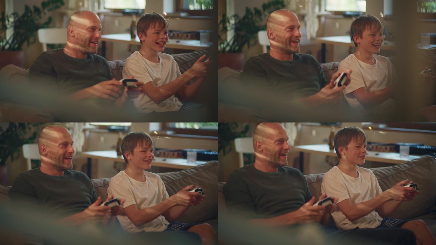 大流行期间的屏幕时间。父亲和儿子玩电子游戏