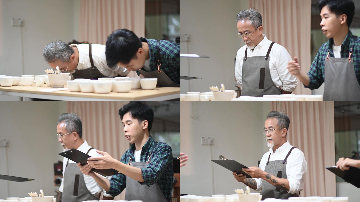 3名专业亚裔中国咖啡师品鉴咖啡杯后，在剪贴板上记录咖啡杯