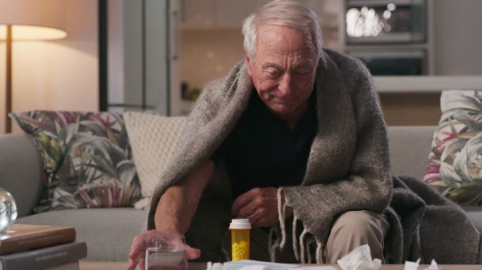 一名老人在家擤鼻涕并用毯子盖住自己的4k视频片段