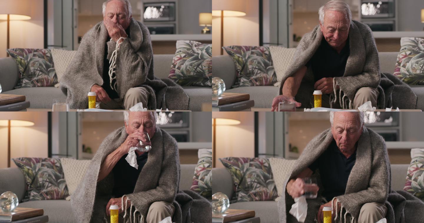 一名老人在家擤鼻涕并用毯子盖住自己的4k视频片段