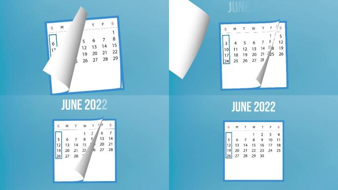 2022年6月日历翻页动画，蓝色背景，4K分辨率