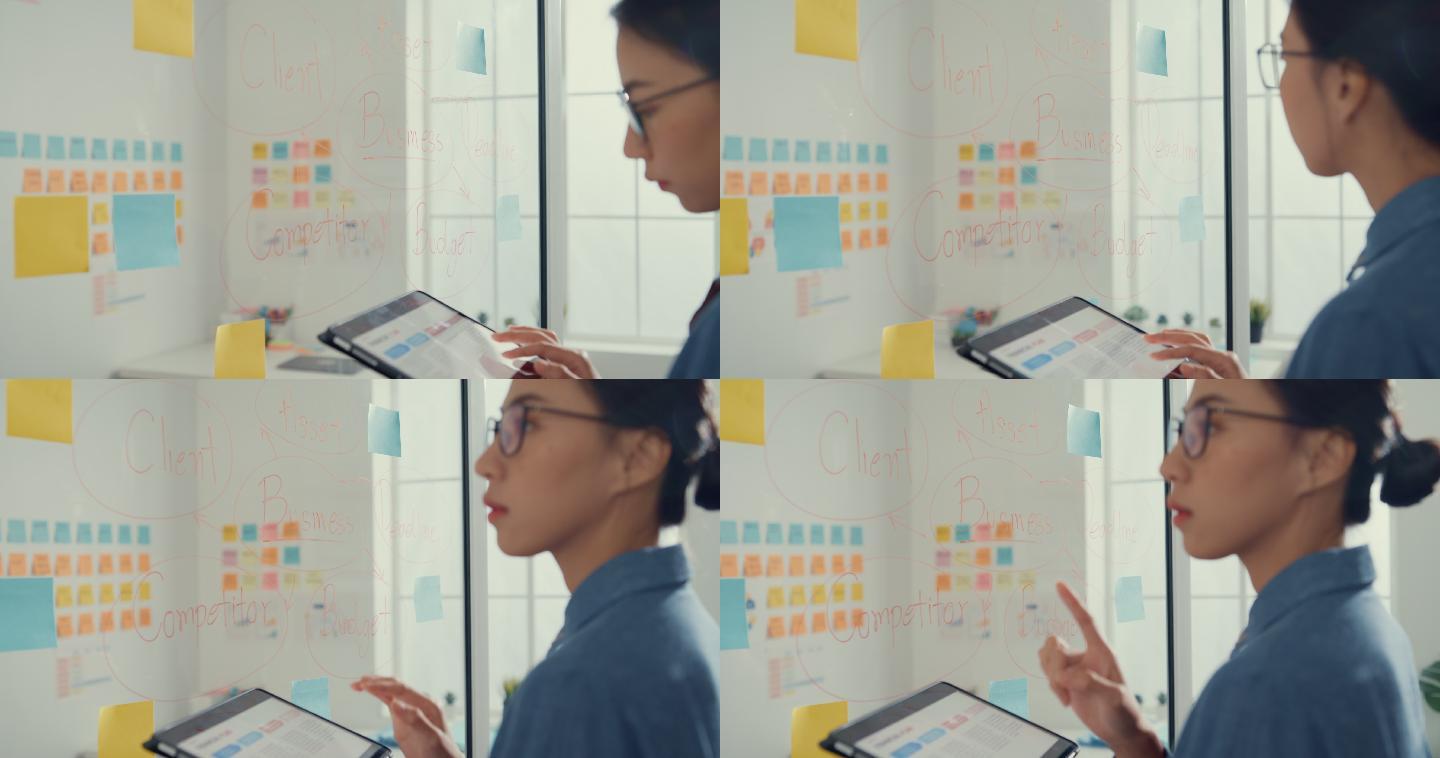 年轻的女商人使用平板电脑，在彩色的便笺上写字，在创意办公室开发商业项目。