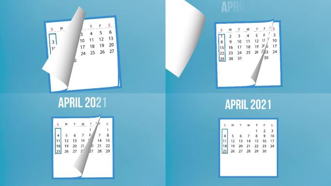 2021 4月日历翻页动画，蓝色背景，4K分辨率