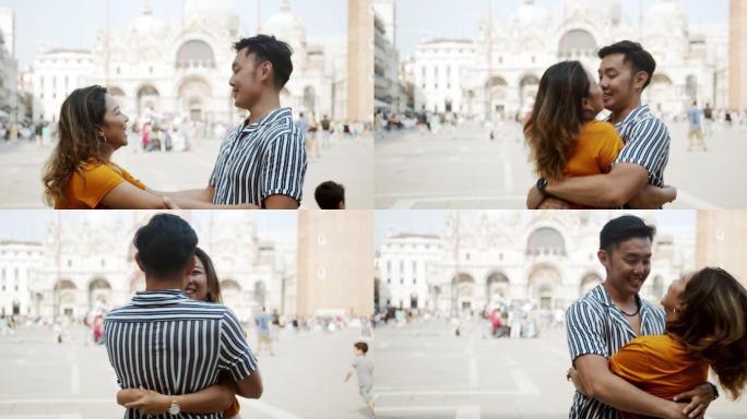 意大利威尼斯亚洲年轻情侣接吻拥抱