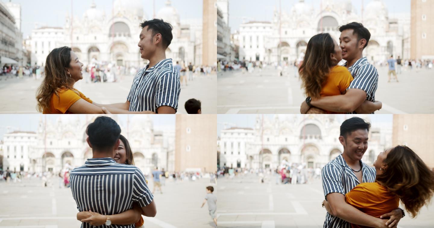 意大利威尼斯亚洲年轻情侣接吻拥抱