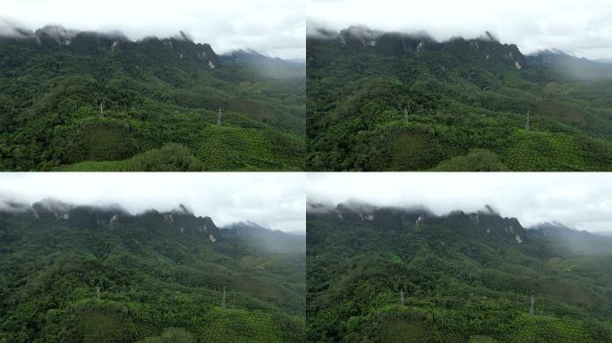 泰国攀牙省雨景中有雾的输电塔空中无人机电影