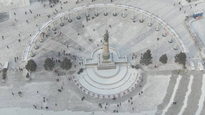 航拍哈尔滨市人民防洪胜利纪念塔冬天雪景