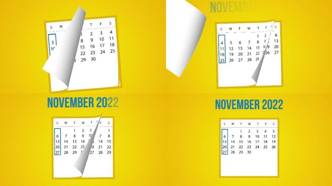 2022年11月日历翻页动画，黄色背景，4K分辨率
