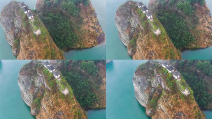湖南鸟瞰图孤岛小岛石头山山顶房子视频素材