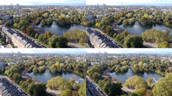 维多利亚公园（人民公园），伦敦东部秋季（右跑道，无人机视角）