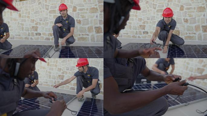 黑人工程师B-roll及其团队安装太阳能电池板